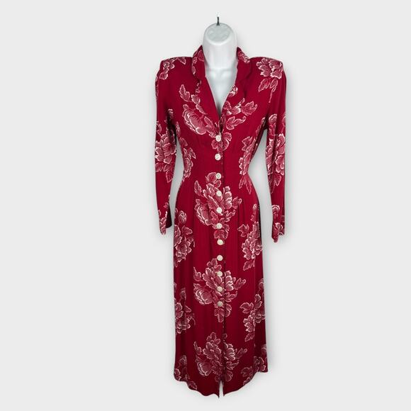 Newport News Women Vintage Red White Floral Button Up Maxi Dress Rayon Size 4 - Picture 1 of 10